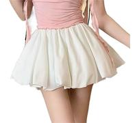 Women Pleated Bubble Mini Skirt Summer Ruffle Hem Elastic Waist Puffy Short Tee Girls Cute A Line Balloon for Casual Daily(White,XXL)