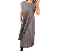 Women Pleated Simple Solid Color Dress, Round Neck Solid Loose Summer Long Dress, Sleeveless Elegant Flowy Dresses (Grey,M)