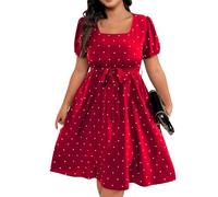 Women Plus Size 1950s Dresses Vintage Rockabilly Square Neck Puff Sleeve Summer Swing A Line Knee Length Dress Evening Prom Gown Women's Midi Prom Dress Gifts for Wife,Red,4XL,UK310A