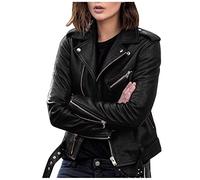 Women Plus Size Fashion Faux Leather Jacket Long Sleeve Zipper Fitted Artificial Leather Coat Fall Short Jacket Slim Coat Oversize Jean Jacket for Women (Black, M)