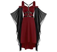 Women Plus Size Gothic Dress Halloween Medieval Chemise Short Sleeve Lace Patchwork Off the Shoulder Pirate Smocked Midi Wedding Lolita Cosplay Gown Steampunk Irish Dress, Red, S