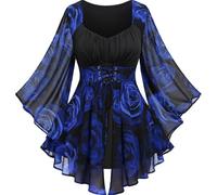 Women Plus Size Gothic Lace-up Bell Sleeve Tops Flower Pattern Flare Sleeves Renaissance Top Goth Costume Halloween Clothes Teacher Gifts,Summer Crop Tops For Women 2025 Plus Size Button Up,u1189k