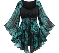 Women Plus Size Gothic Lace-up Bell Sleeve Tops Flower Pattern Flare Sleeves Renaissance Top Goth Costume Halloween Clothes Graduation Gifts,Womens Tops 3/4 Sleeve Light Weight Long for,u1198k Green
