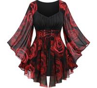 Women Plus Size Gothic Lace-up Bell Sleeve Tops Flower Pattern Flare Sleeves Renaissance Top Goth Costume Halloween Clothes Gifts for Mum,3/4 Length Sleeve Womens Blouse Ladies Summer Tops,u1203k Red