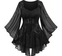 Women Plus Size Gothic Lace-up Bell Sleeve Tops Flower Pattern Flare Sleeves Renaissance Top Goth Costume Halloween Clothes Teacher Gifts,Halloween Long Sleeve Shirts for Women Silver Tank,u1181k