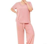 Women Plus Size Ice Silk Pajama Set Loose Short Sleeve Top and Long Pants Sleepwear Solid Casual Loungewear for Spring Summer Autumn Winter One Size Fits All 40kg-95kg(M Pink)