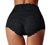 Women Plus Size Lace Briefs Hollow Out Solid Colour High Waisted Knickers Sleeping Thin Panties Seamless Breathable Stretchy Underwear for Ladies Basic Briefs for Daily Wear (Black, XL)