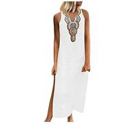 Women Plus Size Linen Dresses Retro Ethnic Print Maxi Dress Sleeveless High Split Long Dress Summer Beach Boho Sundress Vintage A-Line Loose Vest Dress White