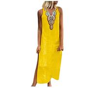 Women Plus Size Linen Dresses Retro Ethnic Print Maxi Dress Sleeveless High Split Long Dress Summer Beach Boho Sundress Vintage A-Line Loose Vest Dress Yellow