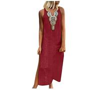 Women Plus Size Linen Dresses Retro Ethnic Print Maxi Dress Sleeveless High Split Long Dress Summer Beach Boho Sundress Vintage A-Line Loose Vest Dress Wine