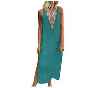 Women Plus Size Linen Dresses Retro Ethnic Print Maxi Dress Sleeveless High Split Long Dress Summer Beach Boho Sundress Vintage A-Line Loose Vest Dress Green