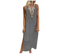Women Plus Size Linen Dresses Retro Ethnic Print Maxi Dress Sleeveless High Split Long Dress Summer Beach Boho Sundress Vintage A-Line Loose Vest Dress Gray