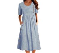 Women Plus Size Midi Dress Crew Neck Short Sleeve Button Detail Printed Loose Fit Line Dress with Pockets
