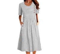 Women Plus Size Midi Dress Crew Neck Short Sleeve Button Detail Printed Loose Fit Line Dress with Pockets