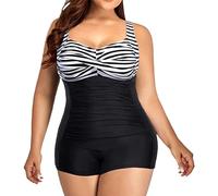 Women Plus Size One Pieces Sport Boyleg Swimsuit Halter Neck High Waist Solid/Printed Swimming Costume Ladies Tummy Control Ruched Modest Swimwear V-Neck Ties-up Padded Bathing Beachwear(Silver,L)
