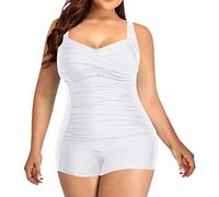 Women Plus Size One Pieces Sport Boyleg Swimsuit Halter Neck High Waist Solid/Printed Swimming Costume Ladies Tummy Control Ruched Modest Swimwear V-Neck Ties-up Padded Bathing Beachwear(White,M)