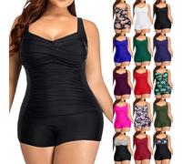 Women Plus Size One Pieces Sport Boyleg Swimsuit Halter Neck High Waist Solid/Printed Swimming Costume Ladies Tummy Control Ruched Modest Swimwear V-Neck Ties-up Padded Bathing Beachwear(Black,4XL)