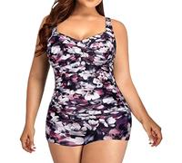Women Plus Size One Pieces Sport Boyleg Swimsuit Halter Neck High Waist Solid/Printed Swimming Costume Ladies Tummy Control Ruched Modest Swimwear V-Neck Ties-up Padded Bathing Beachwear(Dark Blue,4XL