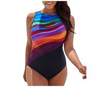 Women Plus Size Onepiece Swimsuit,Big Size High Scoop Neck Gradient Monokini,Push Up Tummy Control High Waisted Wrap Swimwear Bathing Suit Swimsuit Splicing Striped Sports Scoopback Swimming Costume