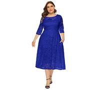 Women Plus Size Party Dress 3/4 Sleeve Floral Lace Wedding Cocktail Evening Gown Vintage Retro Swing Midi Dress with Pockets Royal Blue XL