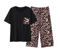 Women Plus Size Pyjamas Set Short Sleeve V Neck Sleepwear Shirt and Capri Pj Leopard Print Lounge Sets