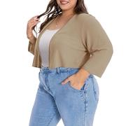 Women Plus Size Shrug Cropped Knit Cardigan Half Sleeve Open Front Bolero Tops(Khaki,2XL)