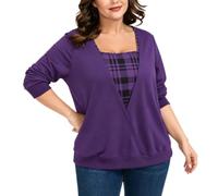 Women Plus Size Wrap V Neck Blouse Long Sleeve Plaid Print Fake Layered Top | Soft Polyester Blend Fabric 2-In-1 Fake Layered Design Wrap V Neck & Ribbed Cuffs Relaxed Shirt
