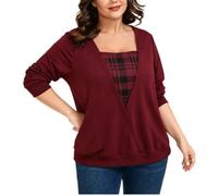 Women Plus Size Wrap V Neck Blouse Long Sleeve Plaid Print Fake Layered Top | Soft Polyester Blend Fabric 2-In-1 Fake Layered Design Wrap V Neck & Ribbed Cuffs Relaxed Shirt