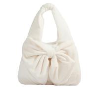 Women Plush Pleated Hobo Handbag Bow-Knot Underarm Purse for Daily Use (White) (白色)