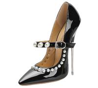 Women Pointed Toe 16cm Ankle Strap High Heel Glitter Sparkly with Pearls Across Decoration Stiletto Shoes (Black,6)
