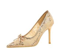 Women Pointed Toe 9cm Bow High Heel Glitter Prom Bride Stiletto Shoes (Champagne,4.5)