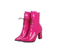 Women Pointed Toe Chunky Block High Heel Patent Lace-Up Ankle Boots Fuchsia