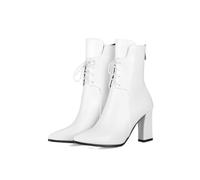 Women Pointed Toe Chunky Block High Heel Patent Lace-Up Ankle Boots White