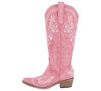 Women Pointed Toe Embroidered White Western Cowboy Boots Block Heel Pull-On Cowgirl Booties(Color6,5)