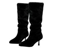 Women Pointed Toe Fluffy Faux Fur Calf Boots Size 5 Elegant Narrow Calf Stiletto Kitten Heel Mid Calf Fur Boots Black 2026 Footwear