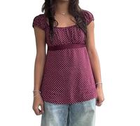 Women Polka Dot Crop Tank Top Cap Sleeve Tie Front Slim Fitted Going Out Teen Shirts Sexy Crew Neck Beach Baby Tees (B-Claret, M)