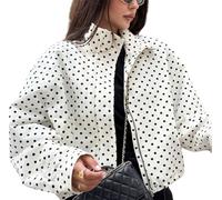 Women Polka Dot Jacket Stand Collar Cropped Jackets Retro Elegant Classic Lapel Short Jacket Fashion Polka dot Coat Loose Casual Zipper Spring Jacket with Pockets