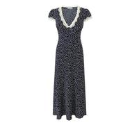 Women Polka Dot Long Dress Lace Trim V Neck Short Sleeve A-Line Elegant Holiday Dresses Navy Blue S