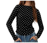 Women Polka Dot Long Sleeve Top Crewneck Dot Print Tshirts Tight Fitted Crop Top Trendy Going Out Fall Tee Shirt, 01black, M
