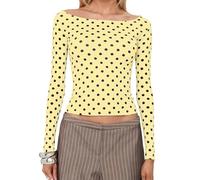 Women Polka Dot Long Sleeve Top Vintage Cute Slim Fit Crew Neck Basic Crop Tops Y2K Trendy Going Out Fall Tee Shirt (Yellow, S)