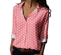 Women Polka Dot Shirts Long Sleeve Button Down Tops Summer Blouse Ladies Print Loose Fit T-Shirt Going Out Top Work Casual Tunic Pink