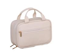 Women Portable PU Leather Travel Toiletry Bag Double Layer Solid Color Makeup Large Capacity Handbag Cosmetic Organizer(White)