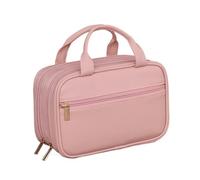 Women Portable PU Leather Travel Toiletry Bag Double Layer Solid Color Makeup Large Capacity Handbag Cosmetic Organizer(Pink)
