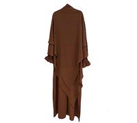 Women Prayer Dress Muslim Ramadan Garment Abaya Dubai Islam Jilbeb 2 Piece Set Layered Khimar Scarf Hijab and Long Dress, Coffee, Large