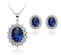 Women Princess Blue Sapphire Jewellery Pendant Necklace Earrings Set for Women Princess Diana Kate Middleton's Jewellery Set