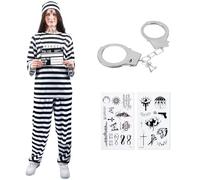 Women Prisoner Costume Black White Striped Convict Suit with Shirt Trousers Hat Jail Break Prison Uniform with Handcuffs & I.D Board Criminal Costume Dress Up Outfit Adult Fancy Dress Halloween