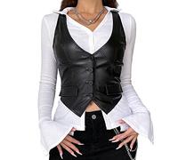 Women PU Leather Button Down Crop Blazer Vest Halter Dressy Punk Corset Top V-Neck Sleeveless Y2K Waistcoat Jacket (Black, Medium)