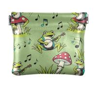 Women PU Leather Change Pouch, Pinch-to-Open Purse Coin Wallet | Lightweight, Closes Securely, Pocket Size, Keys, Safety Pins, Cute Frog Playing Banjo on Mushroom