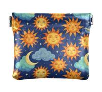 Women PU Leather Change Purse, Pinch-to-Open Purse Money Bag | Soft, Waterproof, Spring Frame, Paper Clips, Safety Pins, }Sun Moon Cloud Teal Hue
