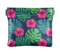 Women PU Leather Change Purse, Pinch-to-Open Purse Small Wallet | Portable, Closes Securely, Pocket Size, Safety Pins, Paper Clips, }Tropical Hibiscus Green Foliage
